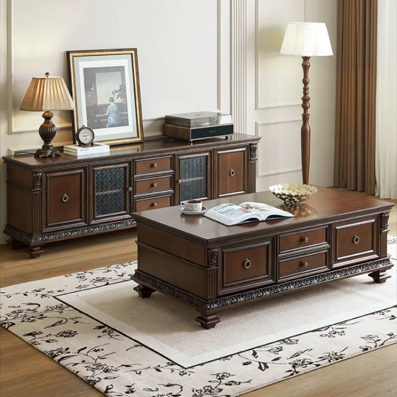 TV-Schrank, Couchtisch-Kombination, reines Massivholz, überzogen, alte Möbel, 2 Meter, 2,4 Meter, Villa, geschnitzter TV-Schrank