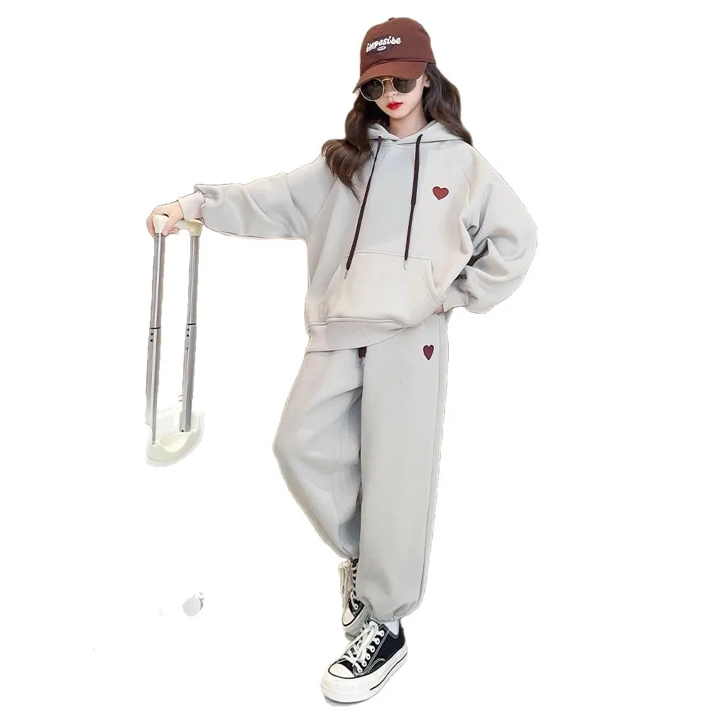 2026 casual spring autumn girl cloth loose heart sweatshirt hooded + ankle-tied pant teens children set 4 8 10 12 14 15 year