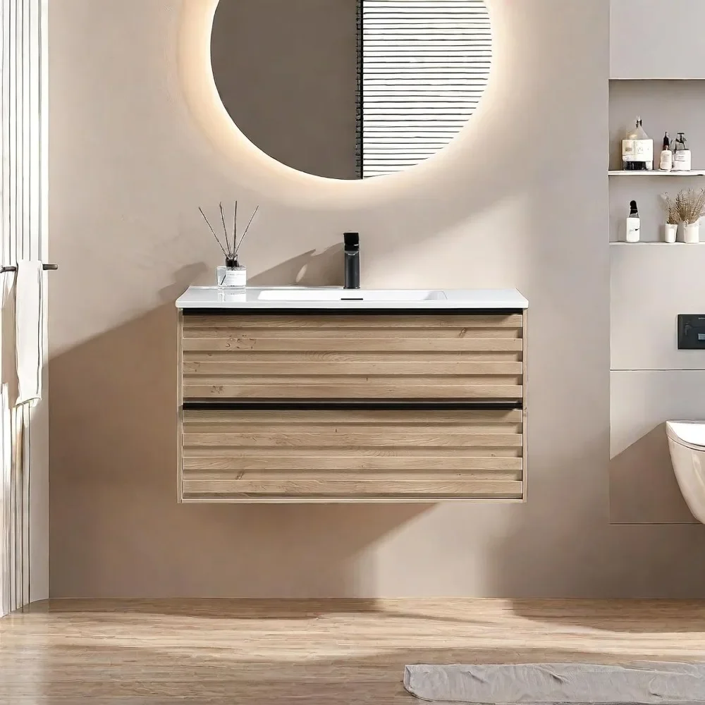 

Modern Vanity Bathroom with 2 Extra Big Drawers, Wall Mounted Floating Bathroom Vanities Cabinet Set with