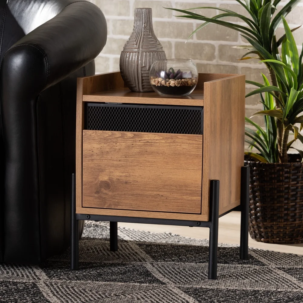 

Modern Rattan End Table with Metal Accents Two Storage Shelves Square Top Living Room Bedroom Indoor Use Assembly Required