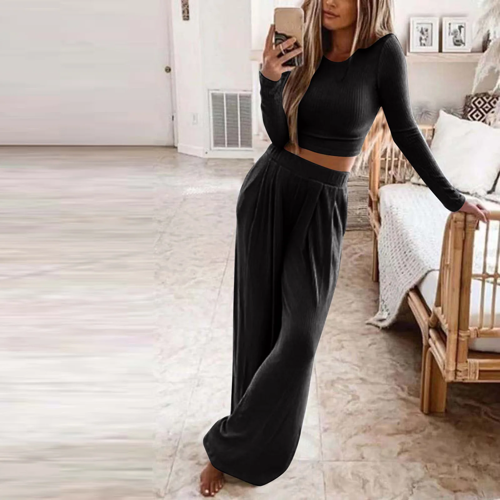 

Women's Two Piece Lounge Set Long Sleeve Bodycon Ribbed Knit Crop Top Loose Wide Leg Pant Casual Outfits Sweatsuit