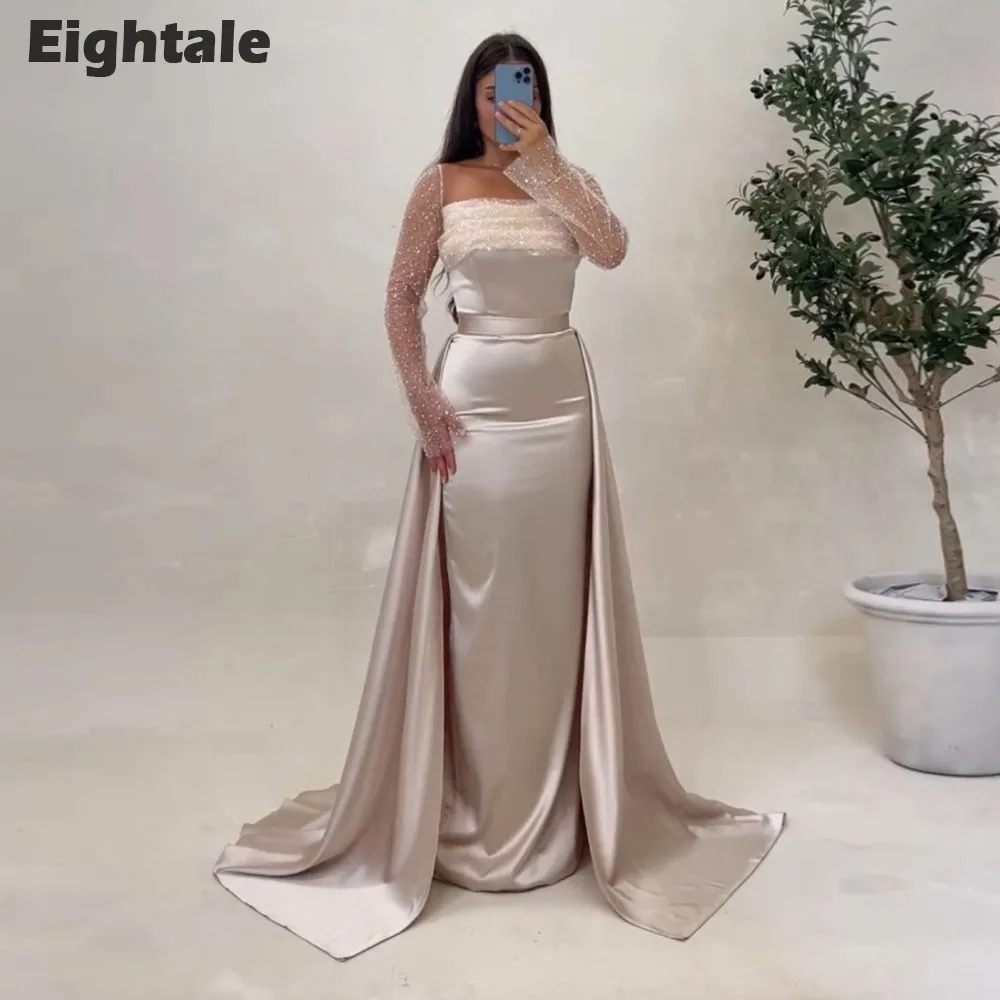 Eightale champanhe noite vestidos com saia destacável personalizado mangas compridas Prom Party vestido casamento sukienki na studniówkę