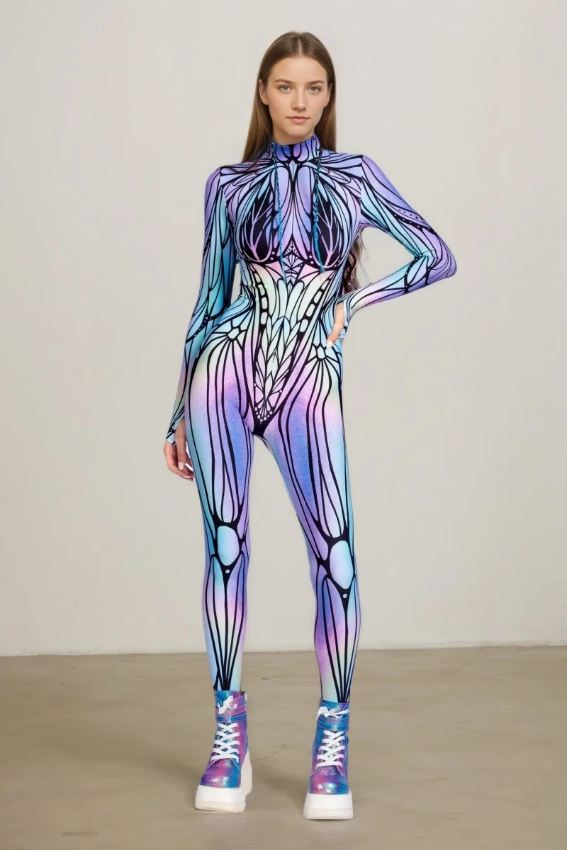 Neuer bunter Schmetterlings-Print-Cosplay-Bodysuit für Damen, Erwachsenen-Halloween-Karnevalsparty-Märchenkostüm, Bühnenkostüm, Zentai-Anzug – Detail 15