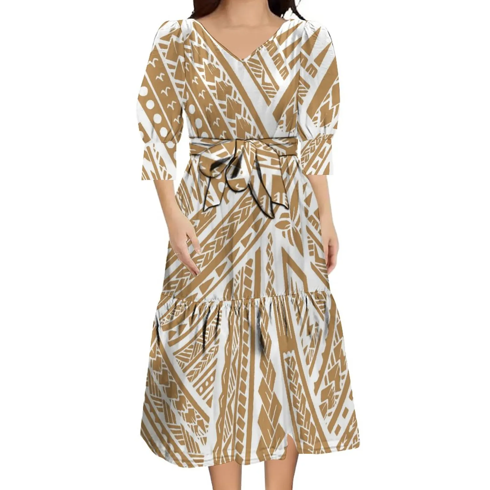 Polynesian Tribe Large Size Half Sleeve Fashion Women'S Long Luxury Design Puffed Sleeve Dress Free Shipping