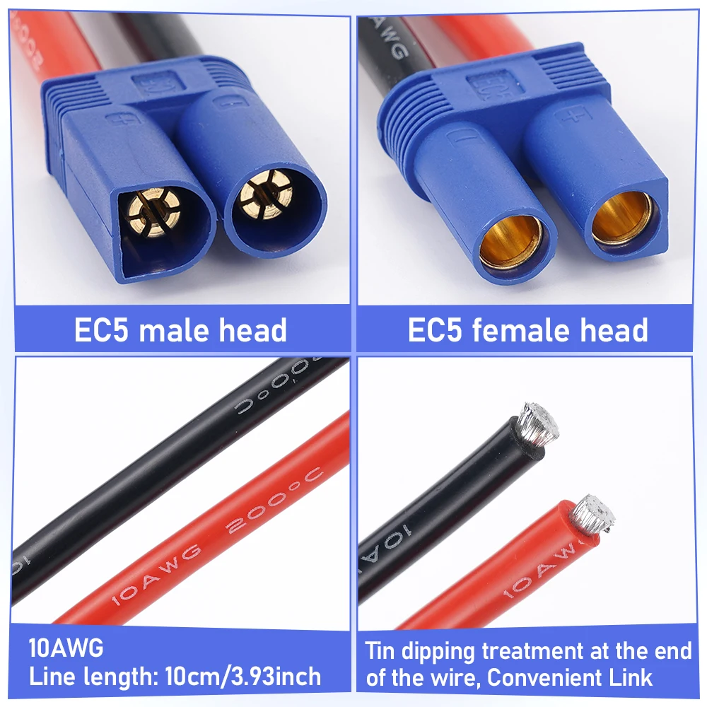 10AWG EC5 Kabel Daya Awal Pria/Wanita 10Cm Kawat Tembaga Kaleng Silikon Model Kawat Sambungan Pesawat Arus Tinggi
