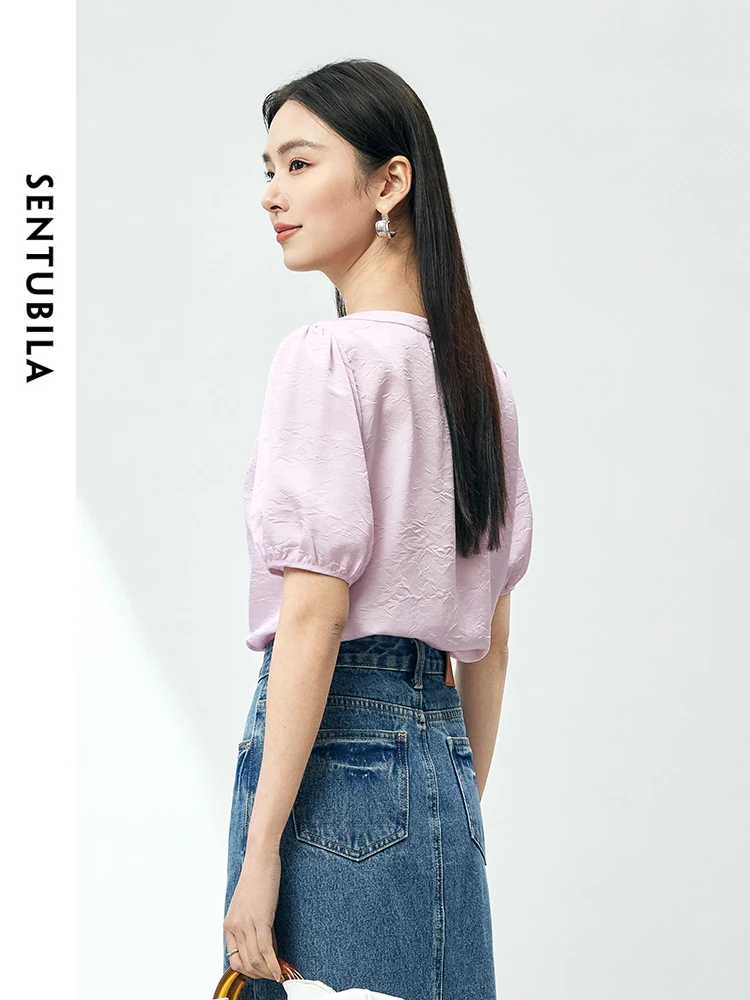 SENTUBILA Light Purple Round Neck Hollow Out Woman Shirt 2024 Summer Lace-up Loose Button Up Solid Shirts & Blouses 142C53917