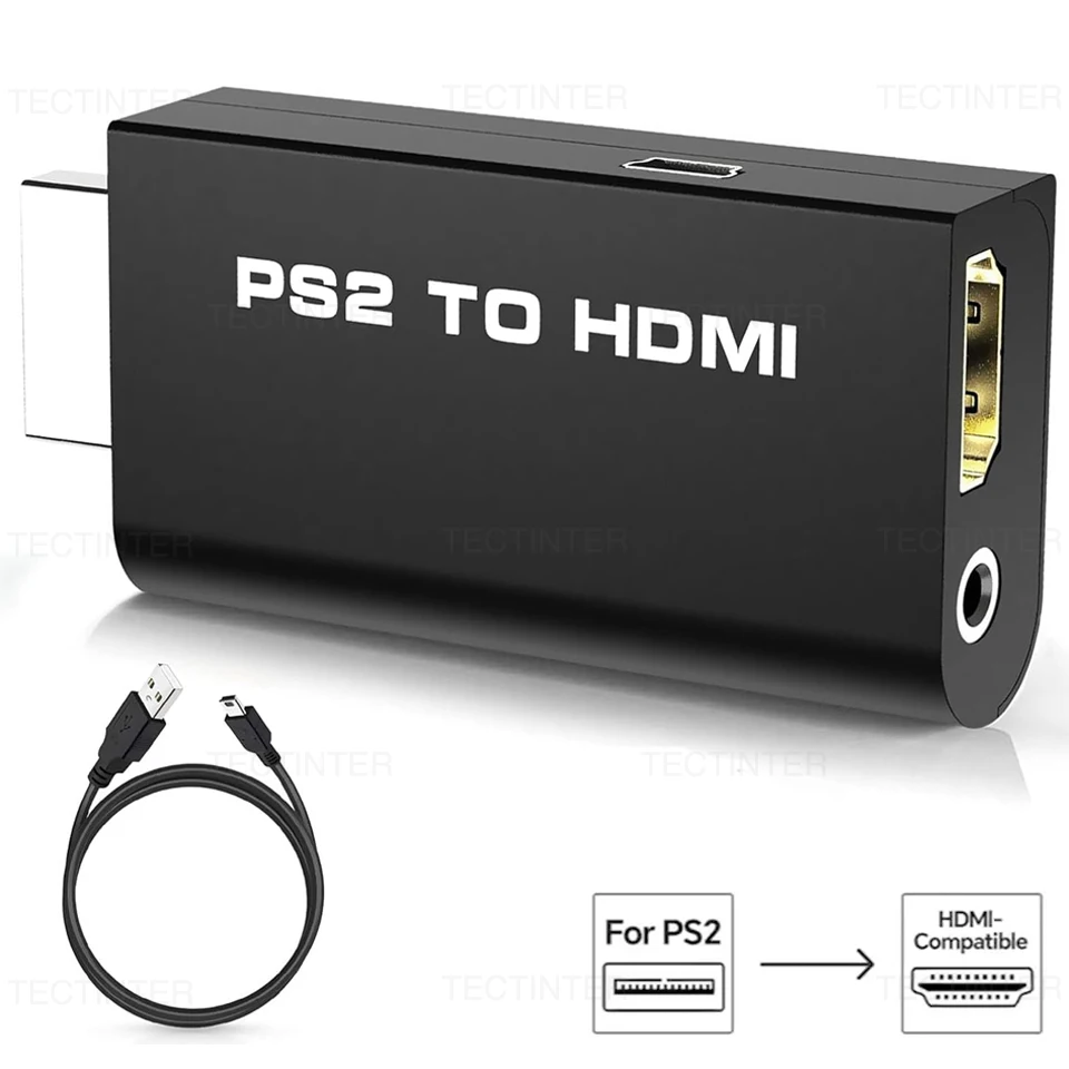 Adaptador Conversor HDMI Completo para Sony PS2, Conversor de Áudio e Vídeo 480i/480p/576i com Suporte de Áudio de 3,5mm para PS2 para HD
