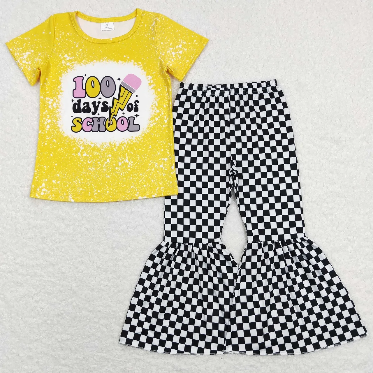 

Wholesale Baby Girls Toddler Short Sleeves T-shirts Kids Checkered Bell Pants Infant Outfit Infant Children Back To School Sets