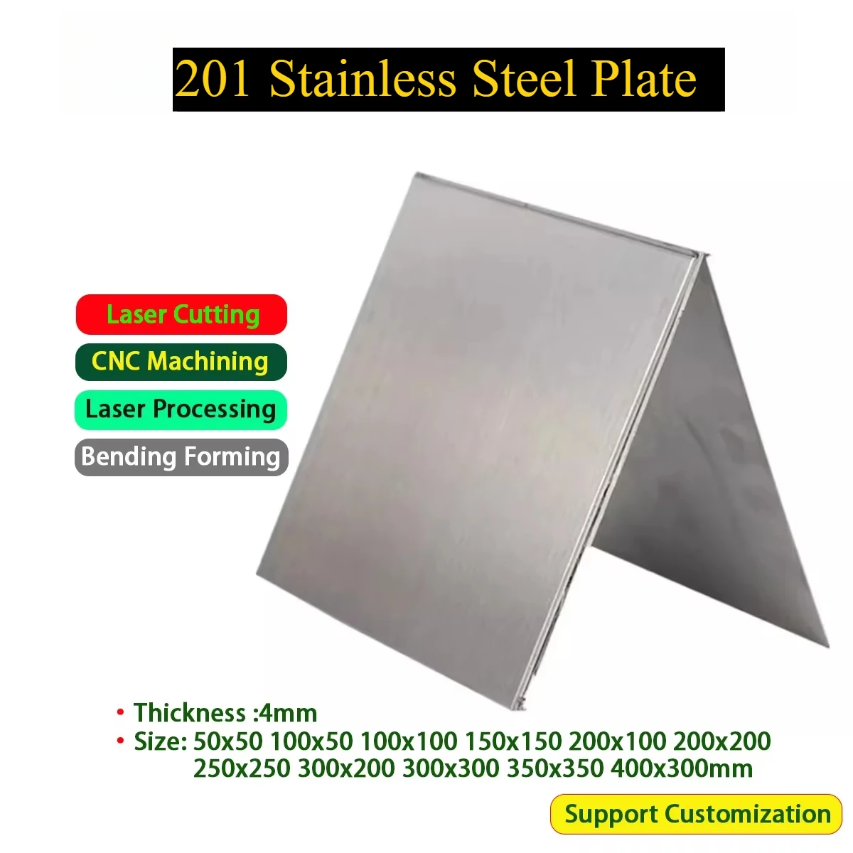 201 Stainless Steel Plate Square Steel Sheet Thk 4mm  Size 50x50 100x50 100x100 150x150 200x100 200x200 250x250- 400x300mm