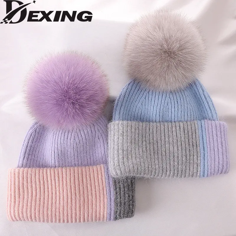 

2022 New Fox Fur Pom Pom Hat Fashion Stitching Color Angora Fur Winter Hat for Girl Women Warm Ski Beanies Mink Fur Pompom Hat