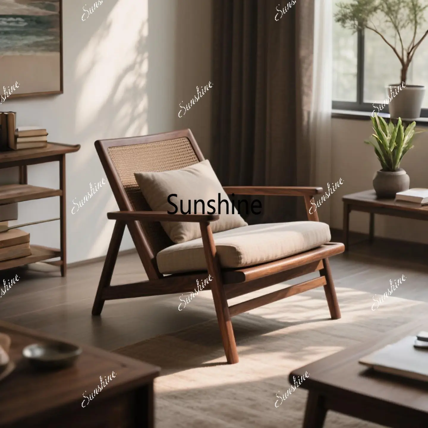 

New Chinese rattan sofa chair minimalist Zen solid wood fabric lounge chair