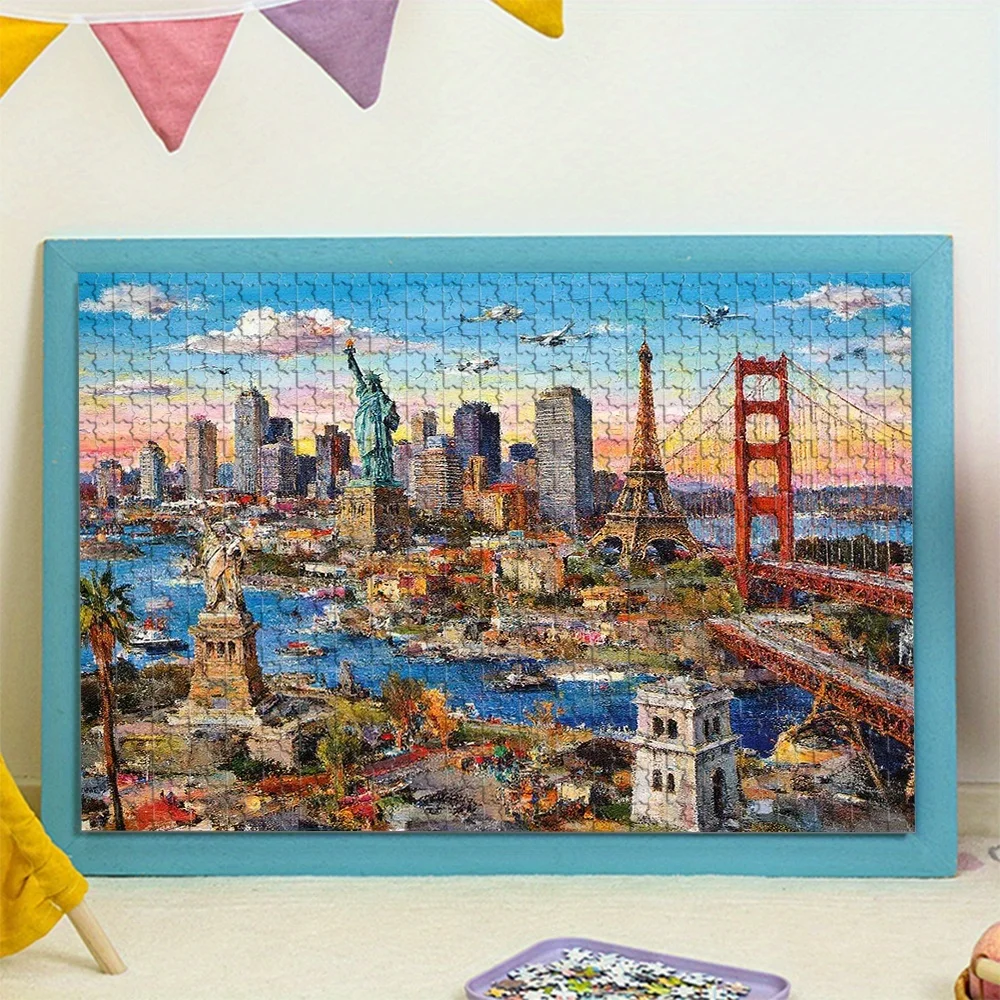 จิ๊กซอว์ภาพทิวทัศน์เมือง 1000 ชิ้น ซานฟรานซิสโก ปารีส นิวยอร์ก - สะพานโกลเด้นเกต อนุสาวรีย์เทพีเสรีภาพ และหอไอเฟล จิ๊กซอว์แผนที่ขนาดใหญ่