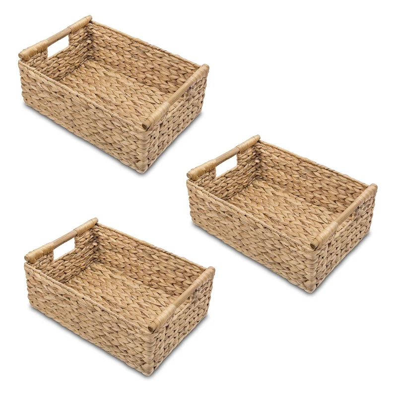 

3X Small Wicker Baskets For Organizing Bathroom, Hyacinth Baskets For Storage, Wicker Storage Basket With Wooden Handle