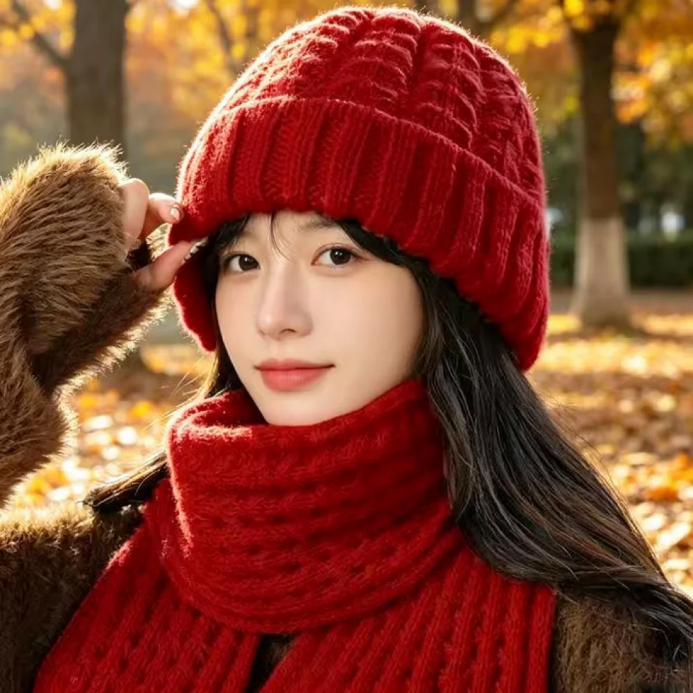 Womens Knitted Hooded Scarf Thick Warm Winter Hat Ear Protection Balaclava Fashion Letter Print Soft Cozy Casual Headgear