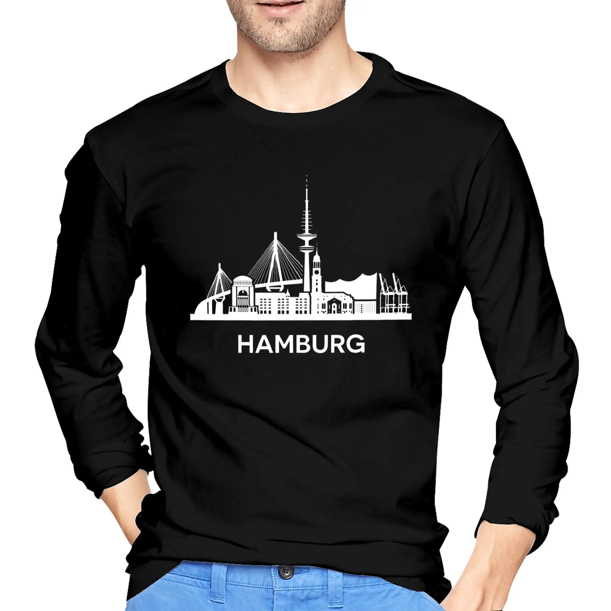 

Hamburg City Skyline, extended version, white Men's Long Sleeved T-shirt Casual Round Neck T shirts Spring and Autumn Men tops