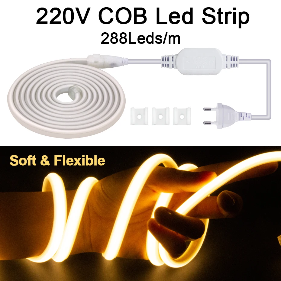 Tira de luces COB superbrillante, 220V, 288Led/M, cinta Flexible de 3000-6000K, lámpara Led COB, enchufe europeo para decoración de iluminación del