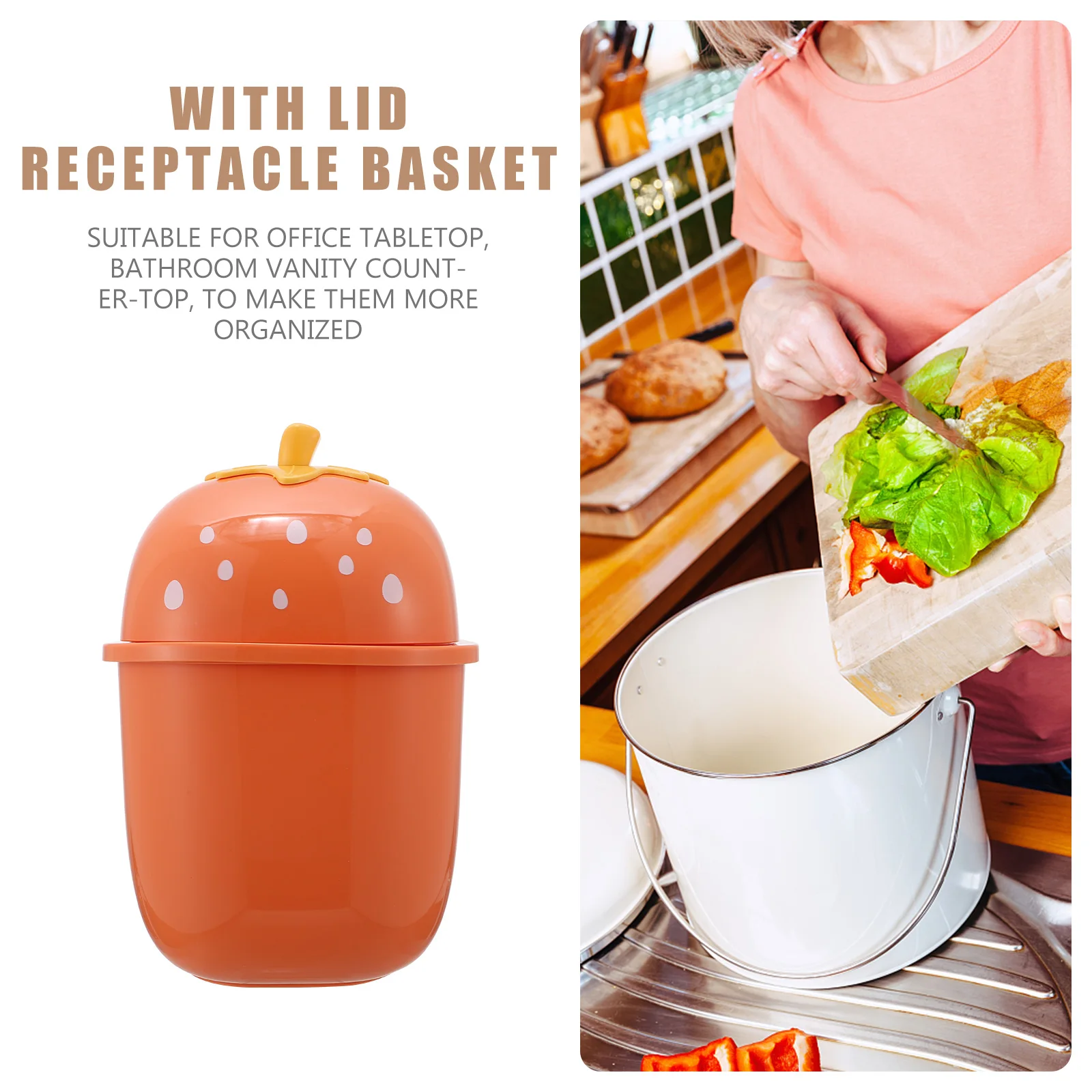 

Mini Fruit Trash Can Cute Plastic Waste Basket Slide Lid Garbage Bin for Kitchen Living Room Bedroom Hotel Desktop Space-Saving