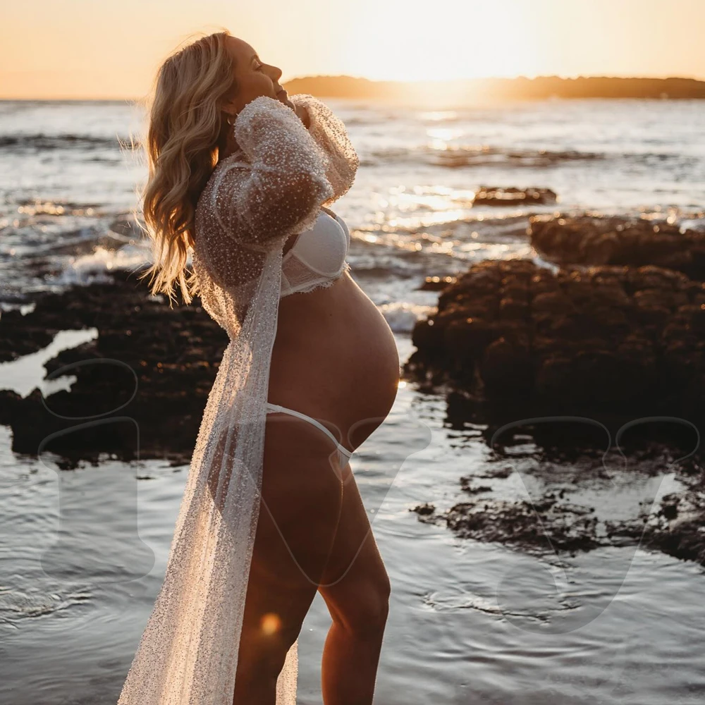 Maternity Photography Props Dress Sexy Transparent Mesh Studded Pearl Sequin Robe Photoshoot Photography Dress For Women