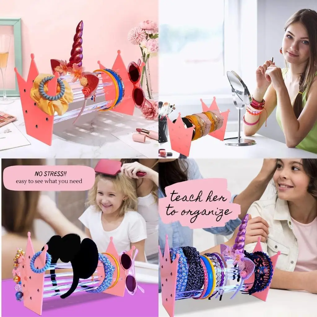 

D46E Acrylic Headband Holder Pink Crown Hair Hoop Display Stand Easy to Use
