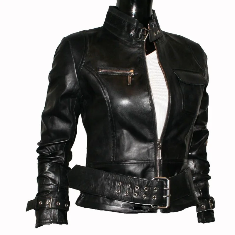 Veste de motard en cuir d'agneau véritable pour femme, manteau de moto noir pour femme