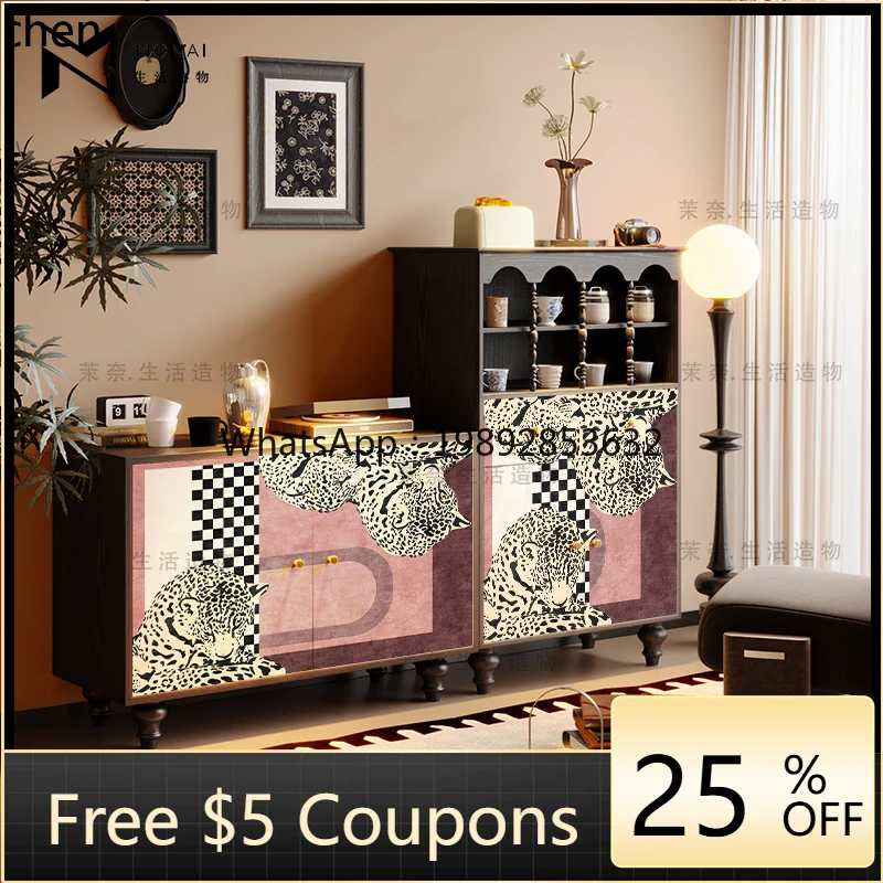 

Retro Leopard Sideboard Tea Cabinet Solid Wood Storage Integrated Living Room Sofa Side Leisure Coffee Cabinet