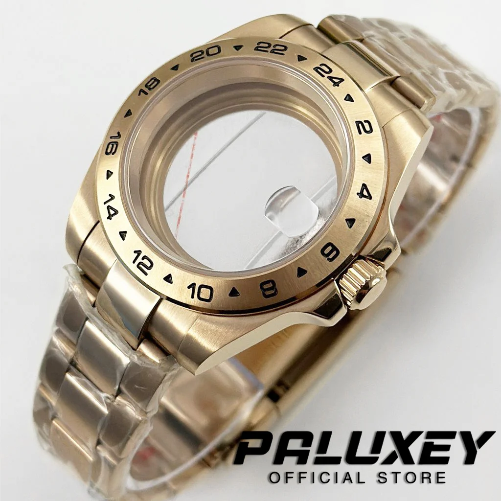 

Rose Gold 40mm EXP GMT Black Watch Case Sapphire Glass Fixed 24 Hour Bezel Steel Bracelet Fit NH34 NH35 NH36 ETA2824 Movement