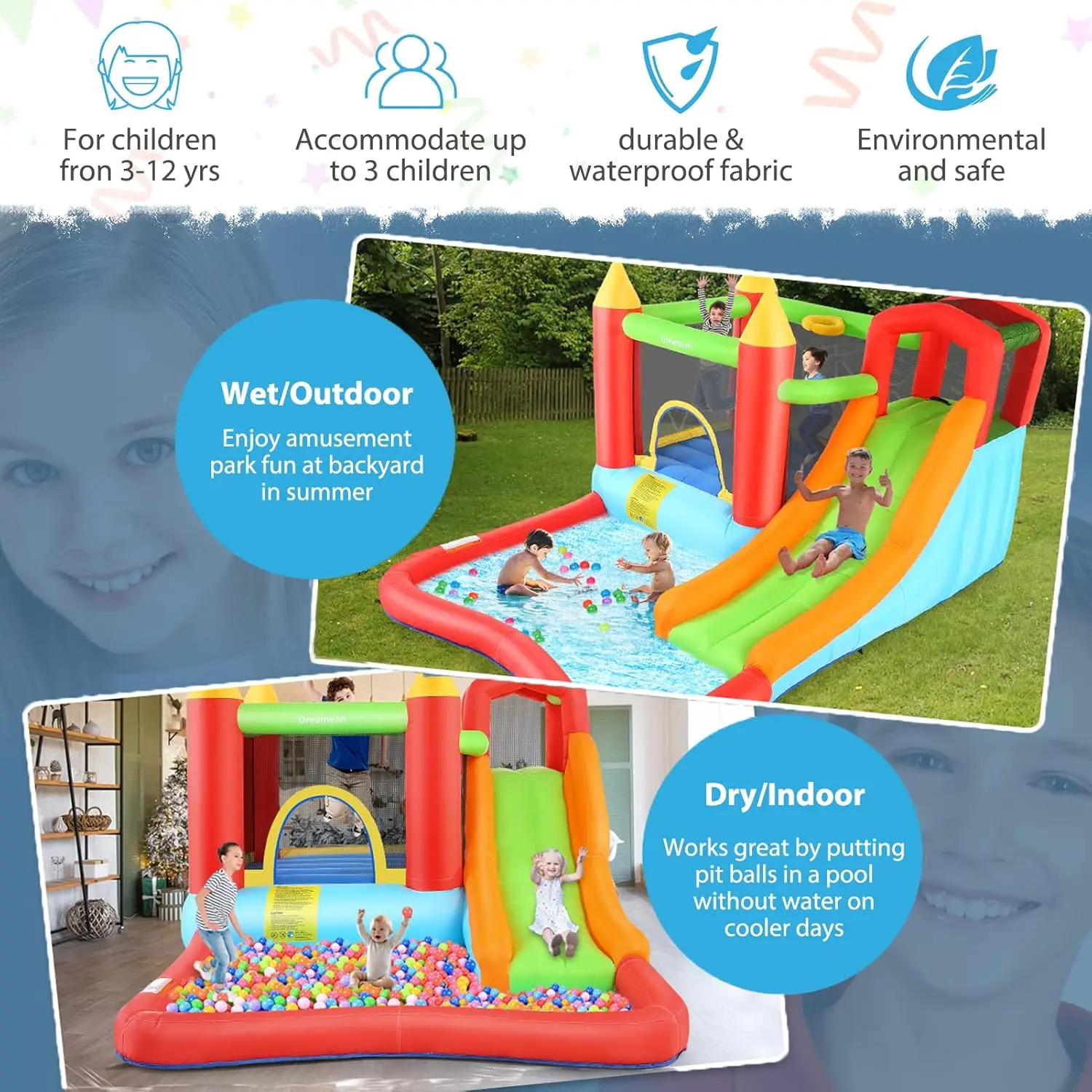 Inflatable Bounce Castle with Blower for Kids 3-12,Outdoor/Indoor Bouncy House Water Park for Backyard with Splash