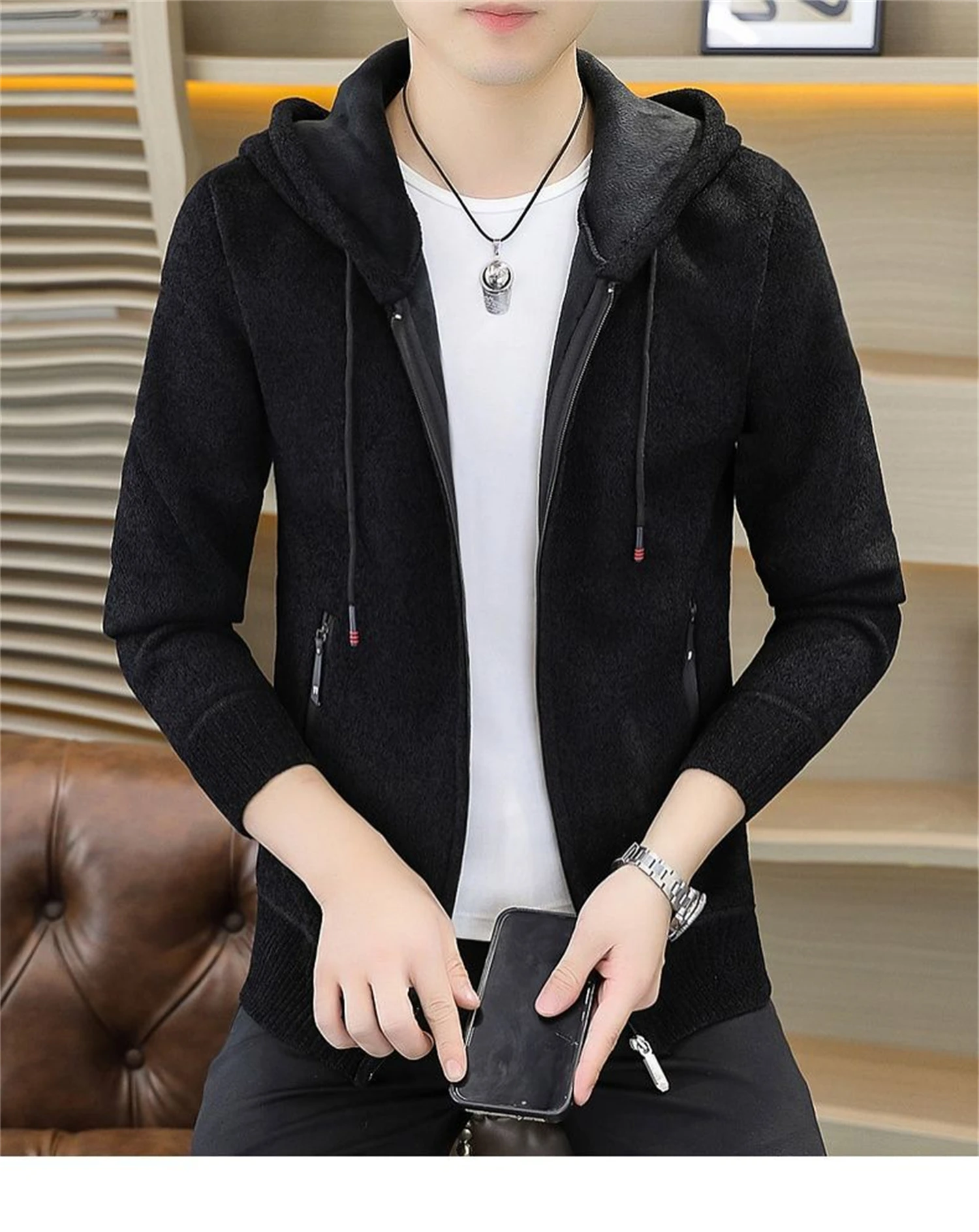 

Men's Casual Hooded Zipper Cardigan Soft Knitted Fleece-Lined Sweatshirt Fashion Long Sleeve Outerwear with Pockets ﻿