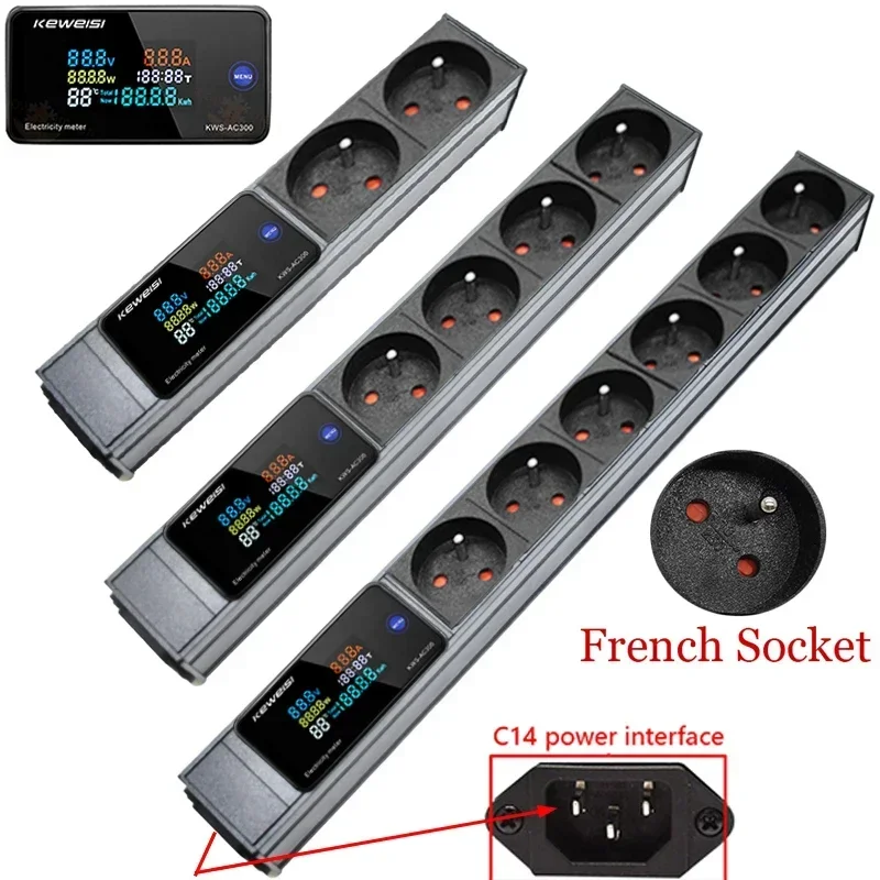 

French socket Power Strip Digital Ampermeter Power Energy Voltmeter Ammeter Metal Sehll C14 interface extension electrica