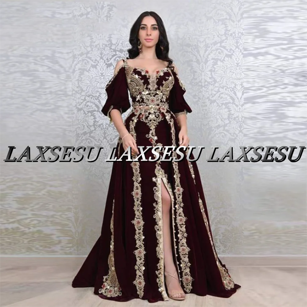 Laxsesu 모로코 Kaftan 아랍어 이브닝 드레스, 두바이 사우디 아라비아 하프 슬리브 슬릿 스팽글 이브닝 드레스 2022