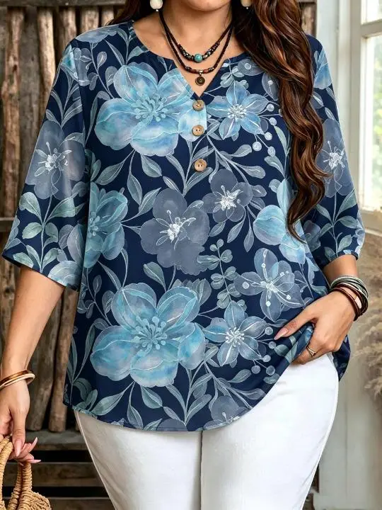 Plus Size Women 3/4 Sleeve V‑Neck Blouse Watercolor Floral Leaf All‑Over Print Button Decoration Loose Casual Tops