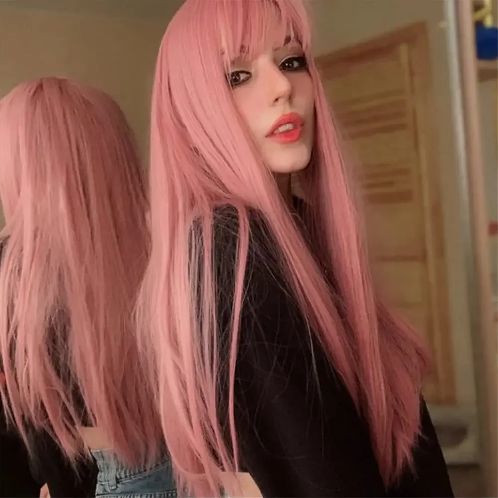 

Pink Long Straight Synthetic Wig Air Fringe White Woman Daily Cosplay Party Heat Resistant Full Headgear For Halloween