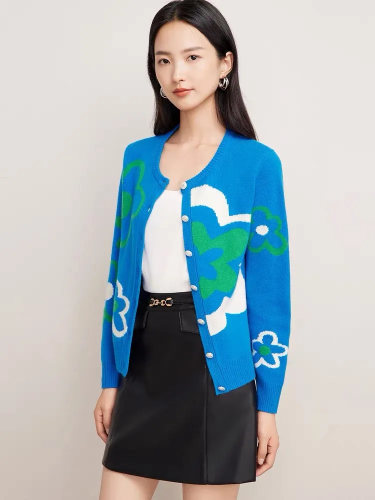 Azul jacquard malha camisola cardigan feminino elegante moda senhoras malhas topos manga longa o pescoço casual chique jumpers 2025