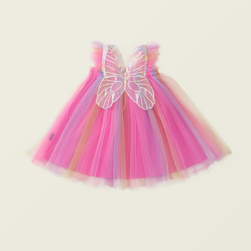 Girls' Mesh Camisole Dress 2025 Summer New Style Sweet Style Rainbow Flying Sleeve Fluffy Skirt for Children 2-7Y