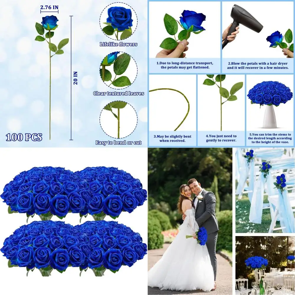 

100 искусственных бархатных синих шелковых роз для букетов, свадеб или домашнего декора