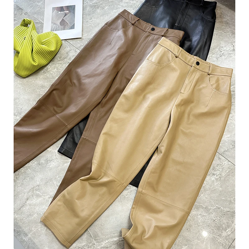 Lambskin Real Leather Pants For Women Elastic Waist Wide Leg Straight Pants Chic Office Ladies Casual Ankle-Length Pencil Pants