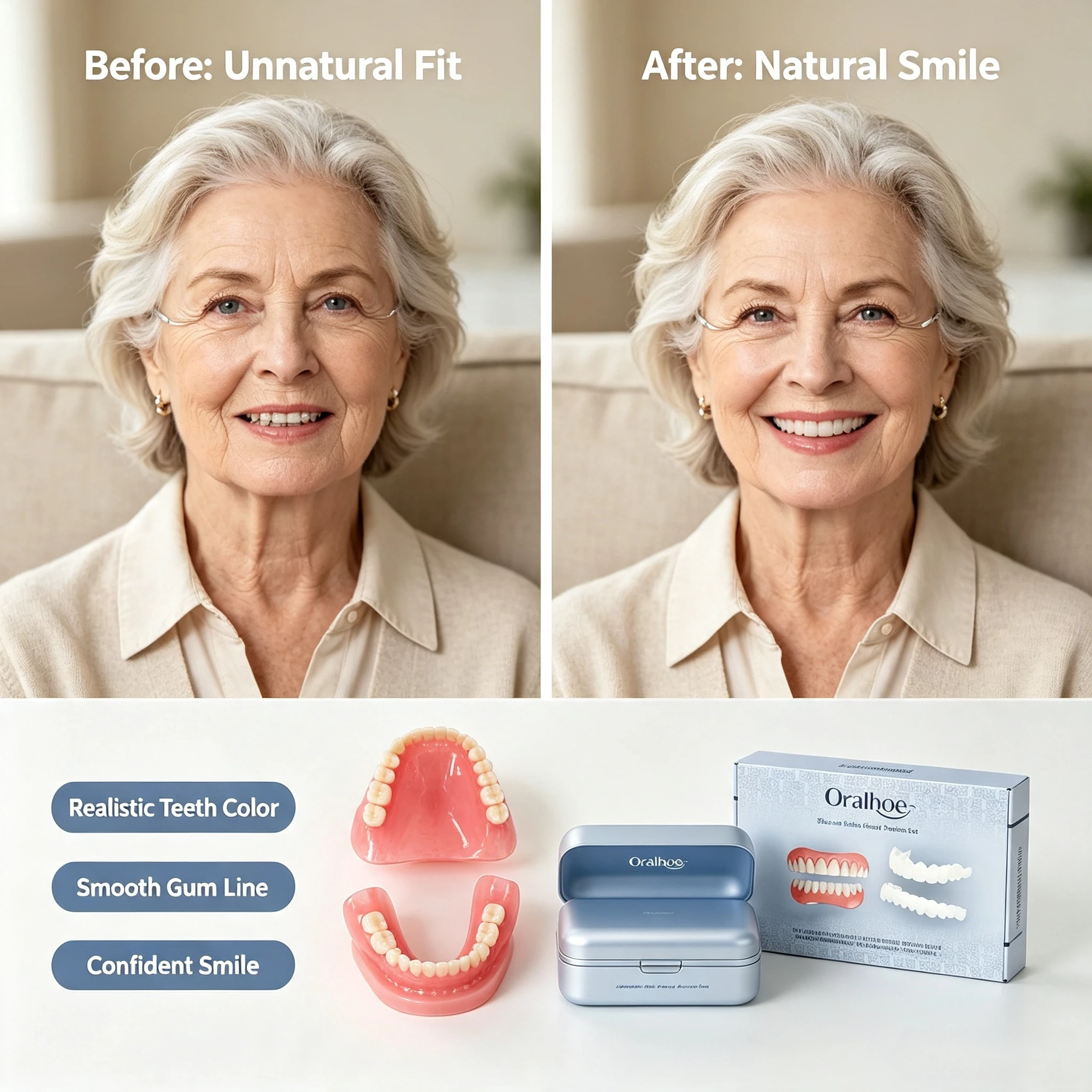 Adjustable Silicone Upper & Lower False Teeth Kit, Natural Bright Veneers, Temporary Comfort Fit Portable Smile Beauty Accessory