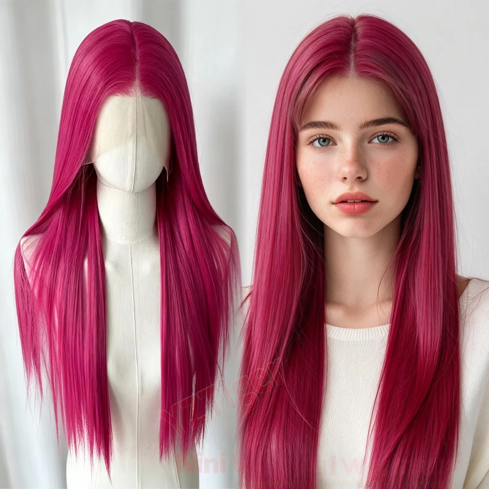 13*4 Long Straight Hot Pink Lace Front Wig for Women Natural Middle Part Synthetic Cosplay Wigs for Daily Use Lolita Halloween