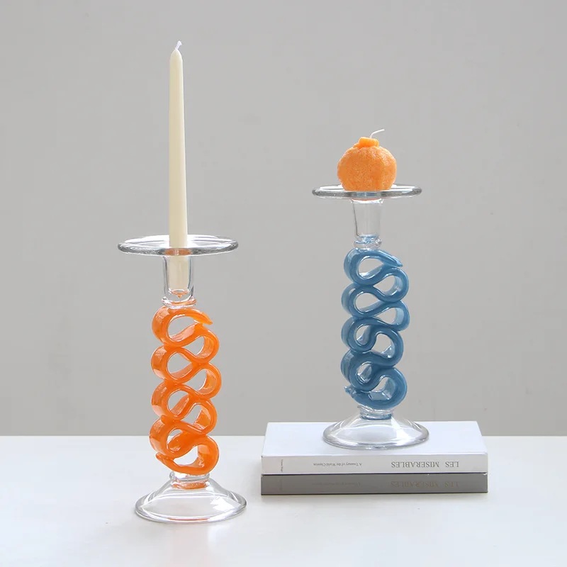 Glass Candlestick Geometric Colored Ribbon Candle Holder Hollowed-out Wrapped Candle Stick Holder Home Decoration Accessories