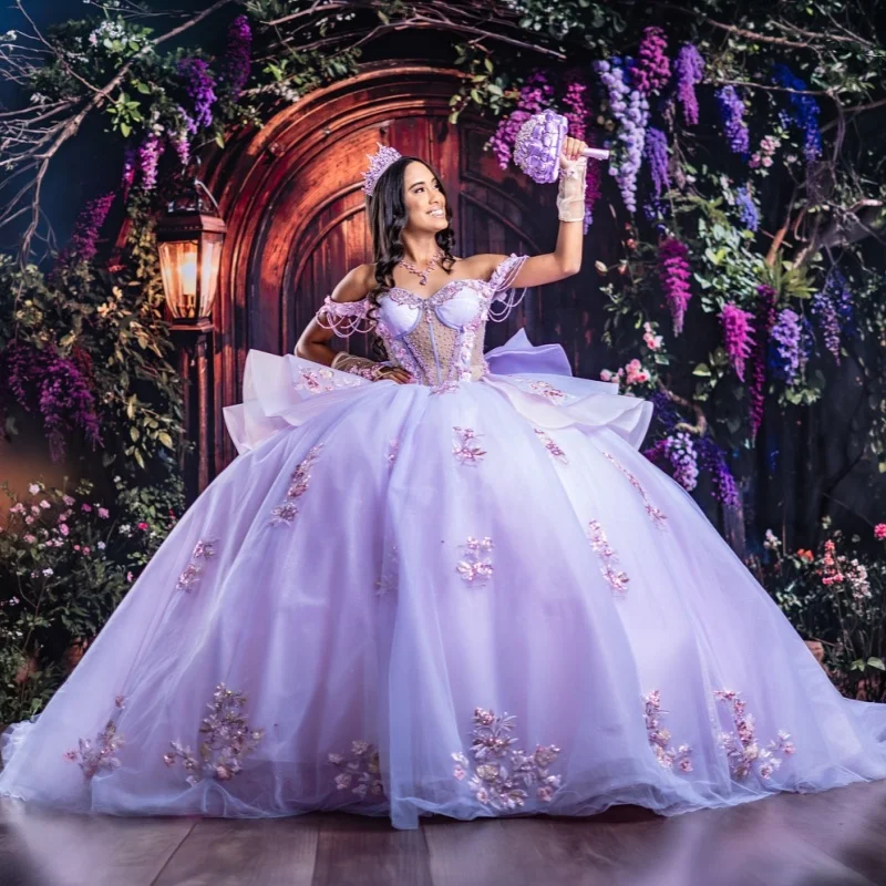 

Lavender Quinceanera Dresses Off the Shoulder Glitter Flower Crystal Layering Decal Long tail Vestidoe 15 Quinceanera Customize