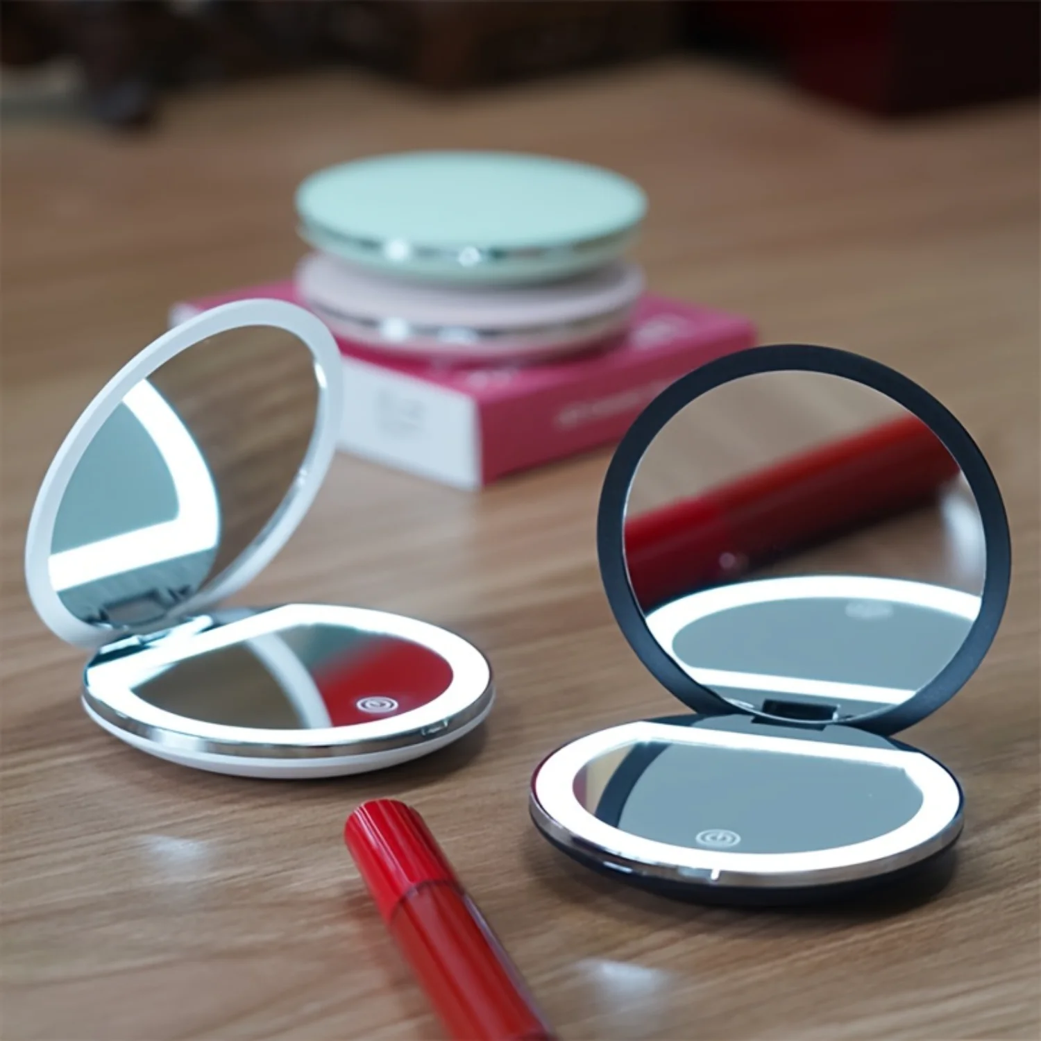 1pc Led Compact Mirror With 5X Magnification 3-Gear Dimming Portable Mini Double Side Folding Lighted Makeup Mirror For Purses A