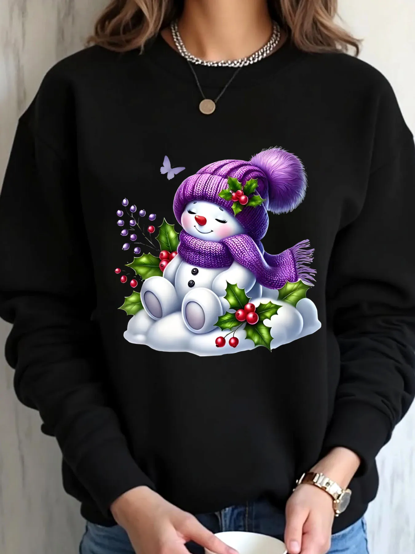 

Женская толстовка большого размера с рождественским снеговиком и фиолетовой шляпой и шарфом с принтом, верхняя одежда