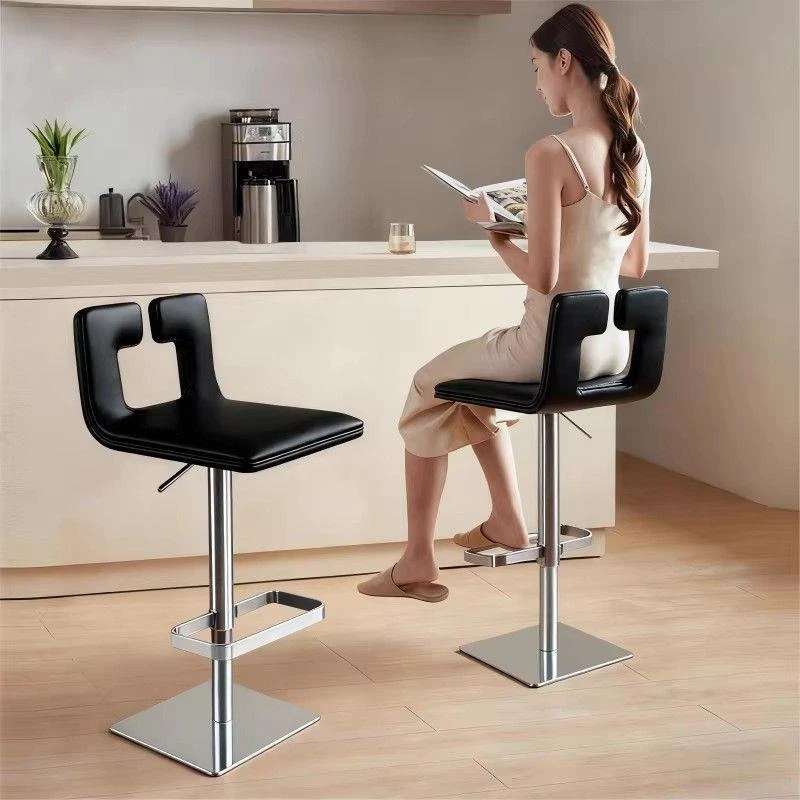 Lifting and Rotating Home Bar Chair with Backrest Stainless Steel Silver Bar Chair