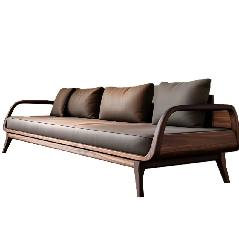

Modern light luxury black walnut leather sofa new Chinese minimalist solid wood small apartment living room