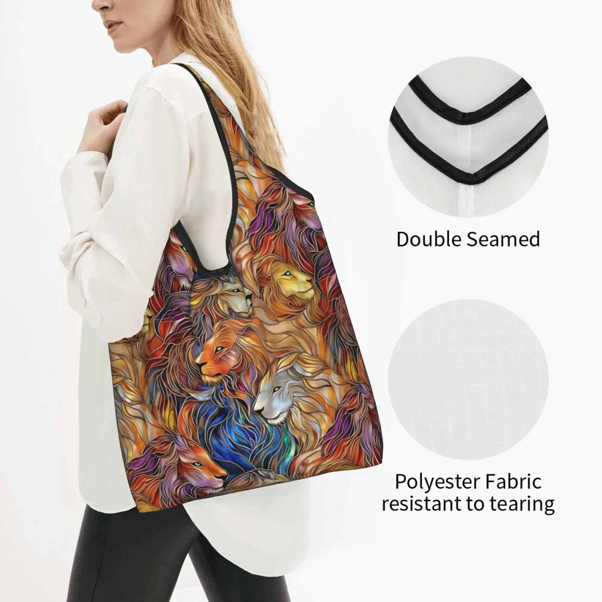 Colorful Glass Lion Groceries Tote Shopping Bags Women Cute Stained Wildlife African Shoulder Shopper Bags Big Capacity Handbags
