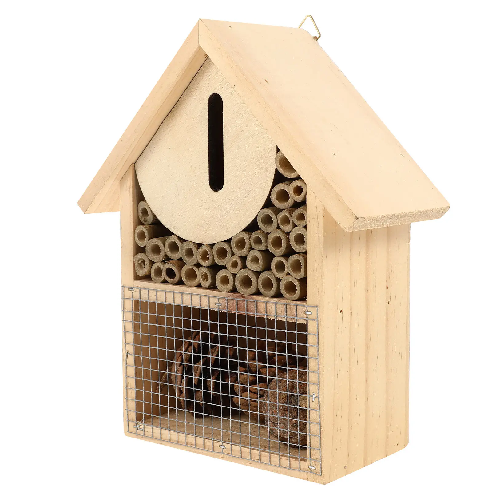Wooden Insect Nest Hanging Bee House for Garden Outdoor Decorative Bee Breeding Shelter Habitat Cabin Hanging Room