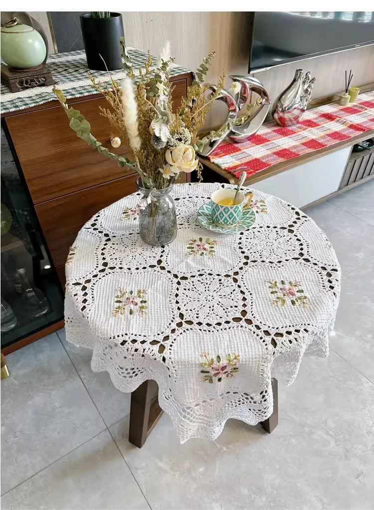 2025 free shipping crochet tablecloth with embroidery flower table coverlay ribbon flowers for home decor cotton lace towel mat