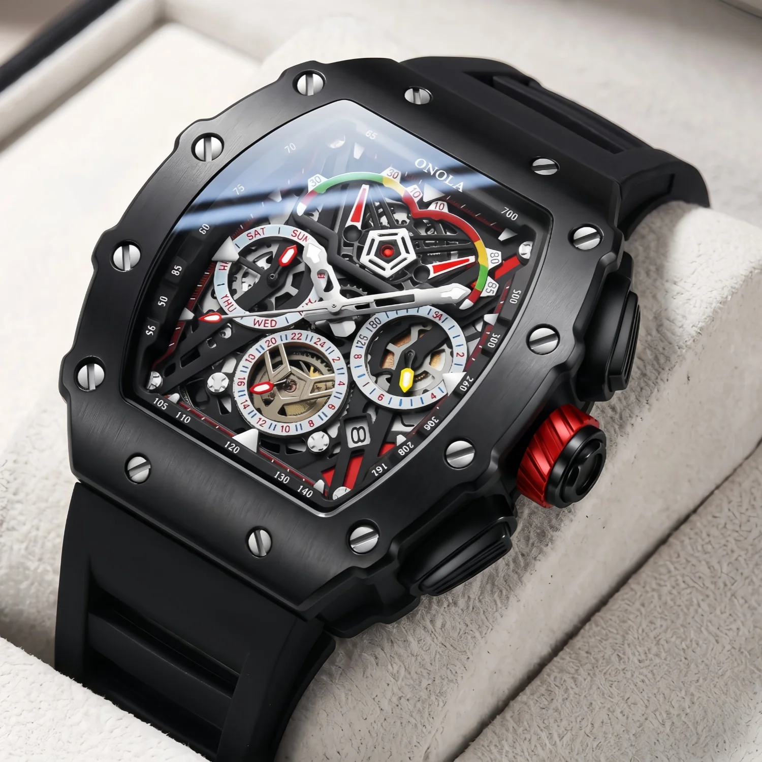 ONOLA Men's Mechanical Watch Silicone Strap Multi Functional Calendar Waterproof Watch, Daily Fashion Style, Gift for Him