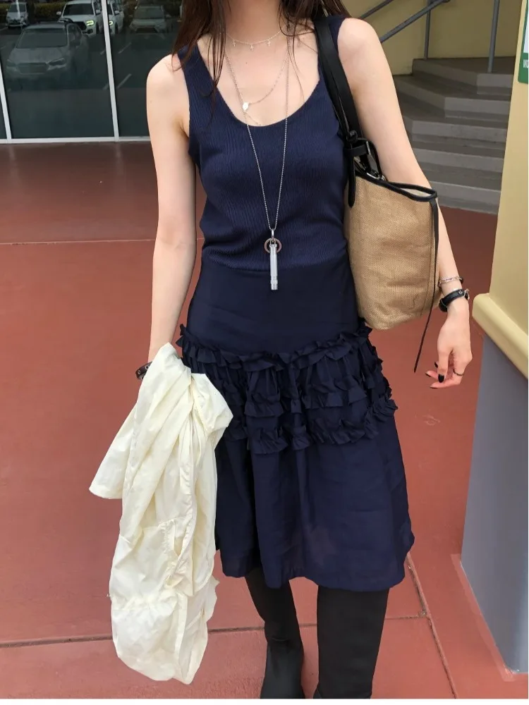 스윗 스타일 레이어드 우드 이어 스플라이스 베스트 드레스 여성 여름 신상 레트로 A라인 미디 스커트 반팔 친환경 섬유