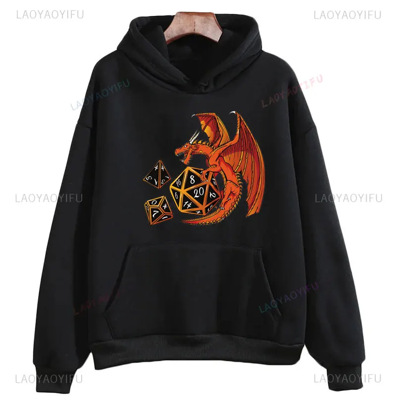 DND Man Hoodies Hoarder of Dices Sleeping Dragon with D20 Dungeon Dragon Fantasy RPG Role Playing Tabletop Games Sweatshirt